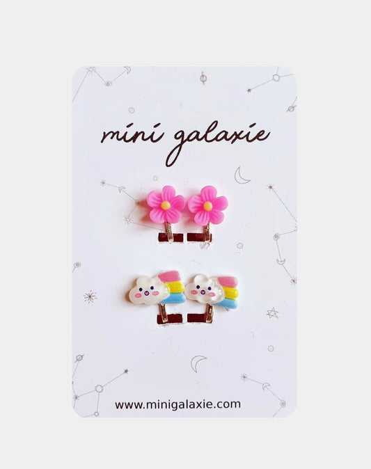 Boucles d’oreilles à clips enfant - Arc en ciel et fleurs rose