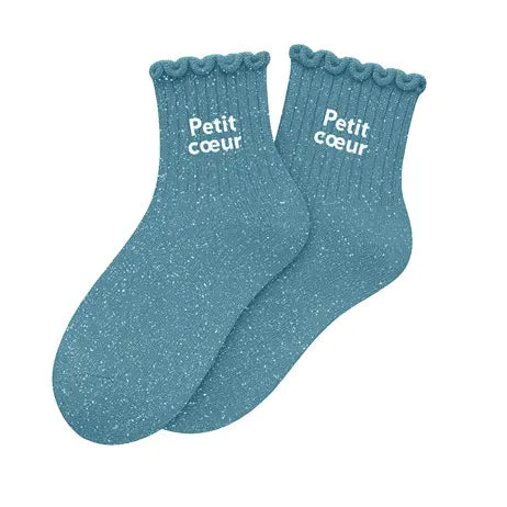 Chaussettes enfants à paillettes - Petit cœur turquoise