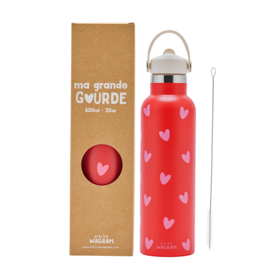 Gourde 600 ml - Rouge cœurs rose